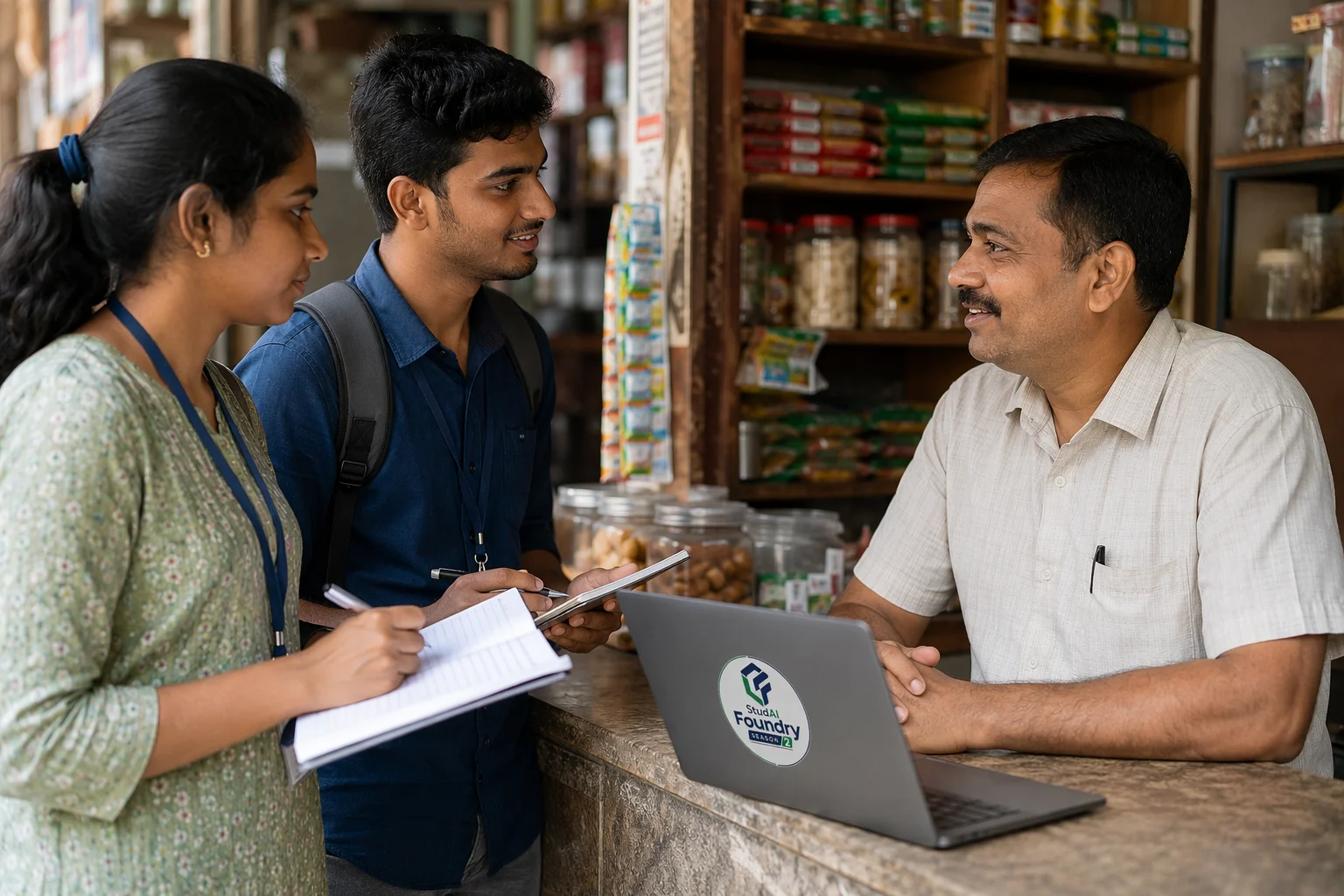 A team interviewing a shop owner at his counter, one member taking careful notes.