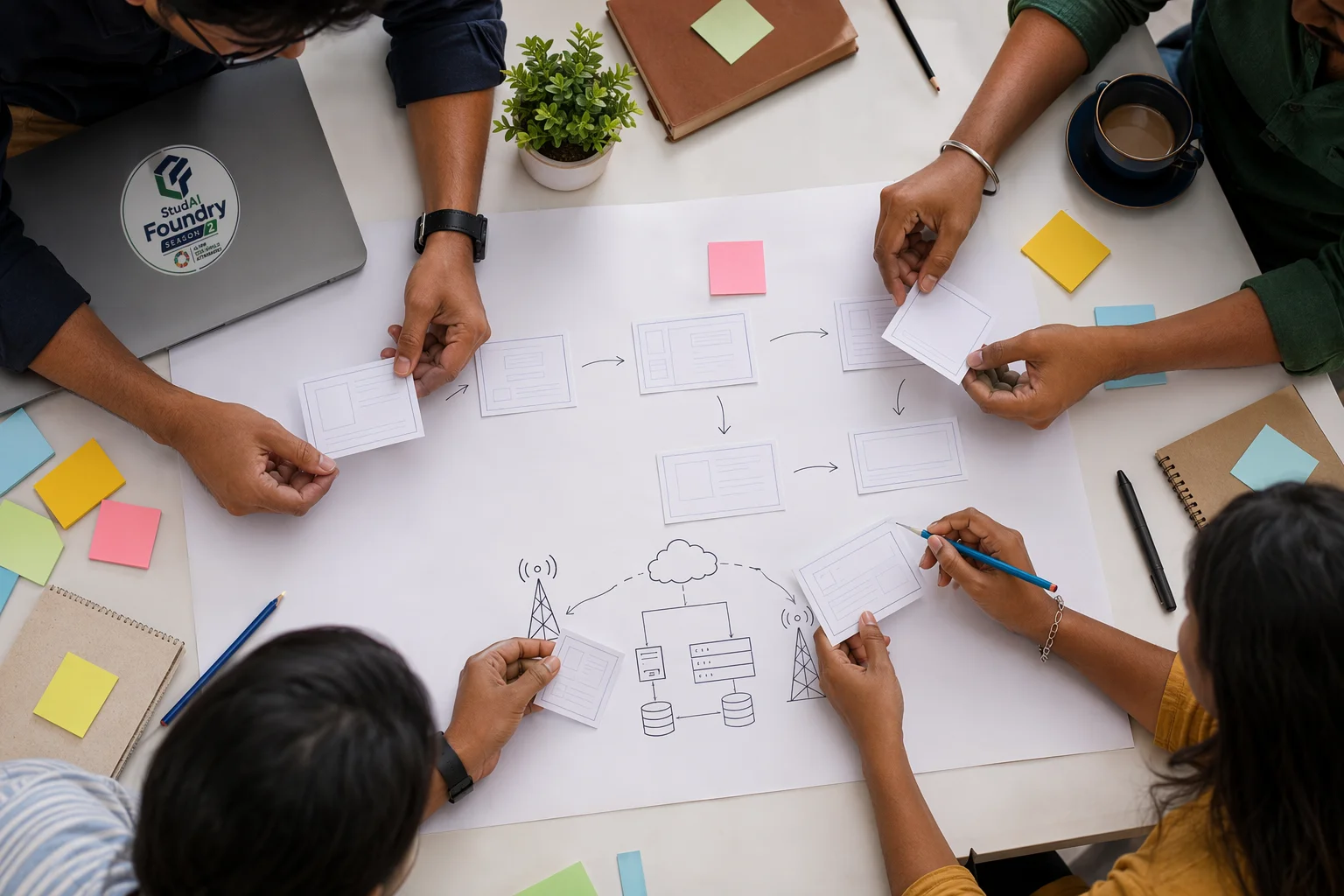 Hands arranging user-journey cards and an architecture sketch across a table.