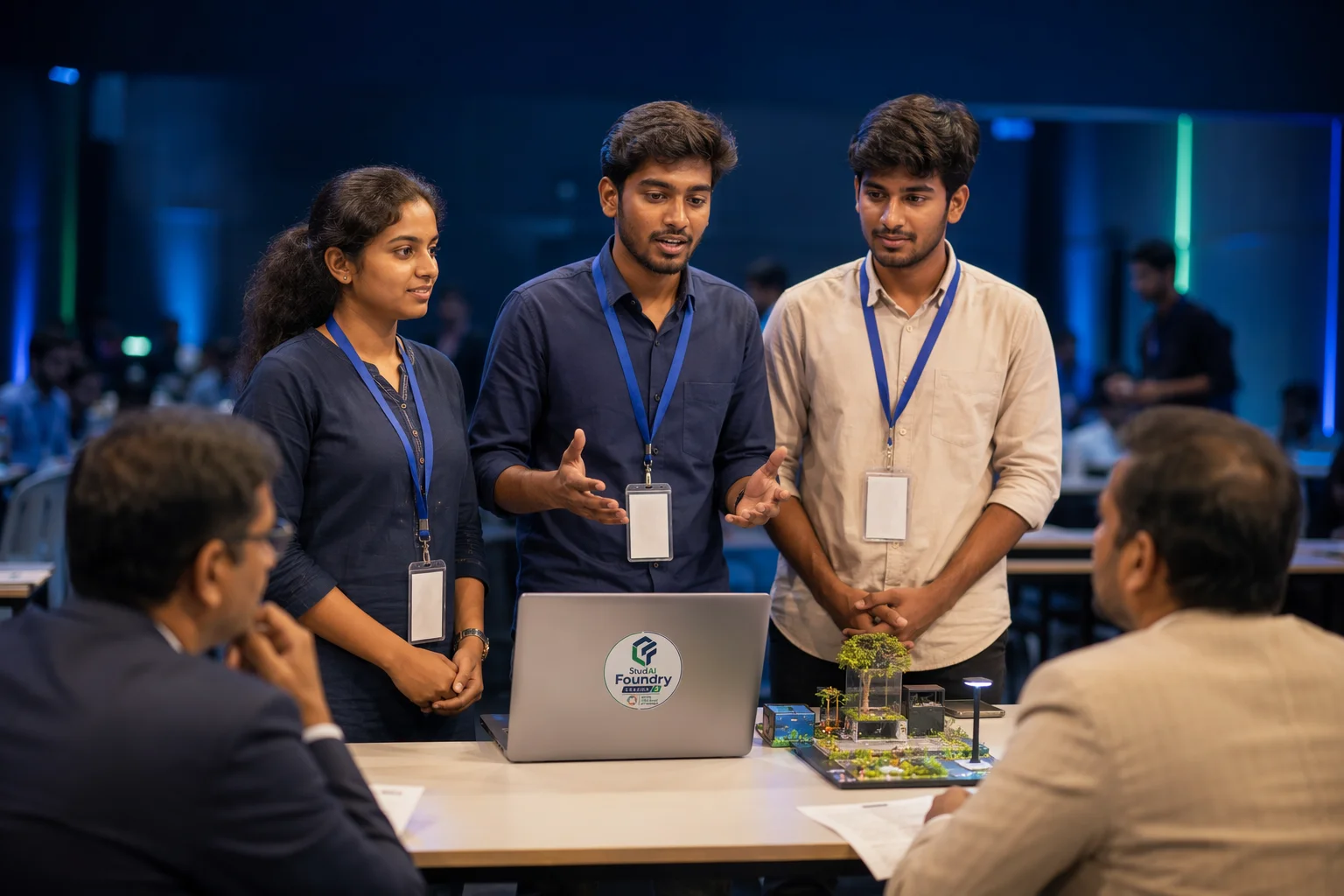 A finalist team answering jury questions beside their demo table.
