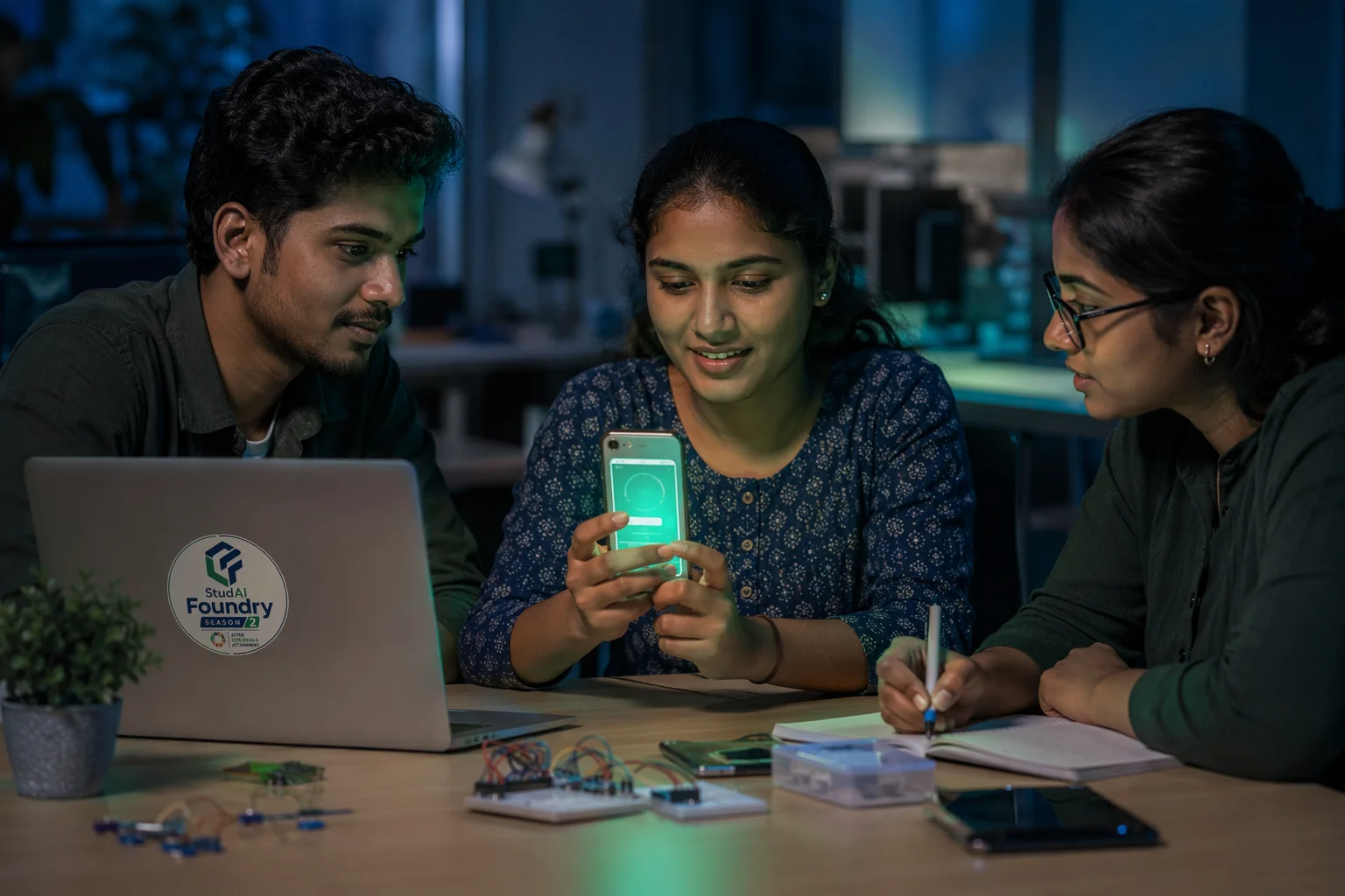 A tester using a prototype app while two builders watch her reactions intently.