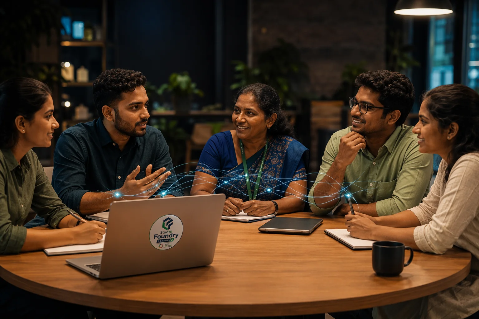 A round-table of students, professionals and a field worker connected by soft light threads over the table.
