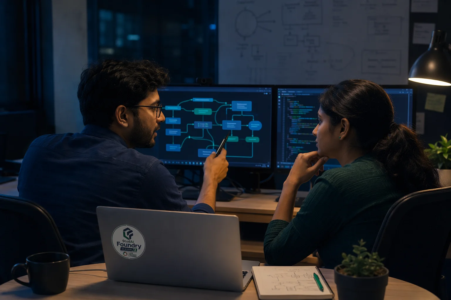 Engineers pair-reviewing system diagrams across dual monitors in a navy-lit studio.