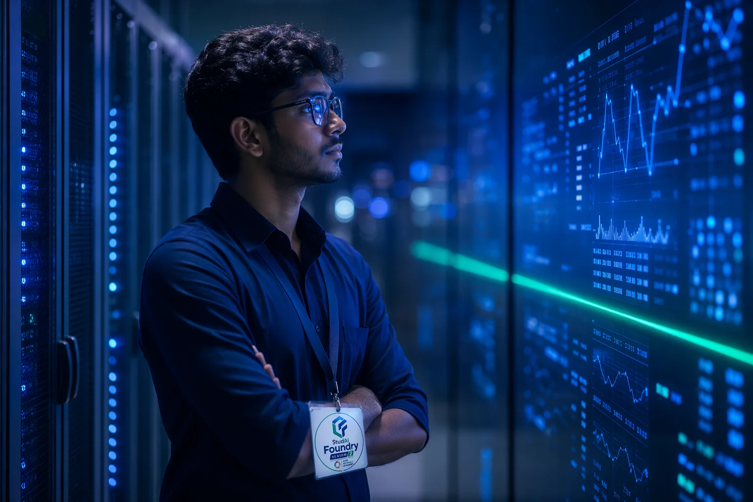 Abstract server-light corridors resolving into a calm human silhouette reviewing a wall of soft data.
