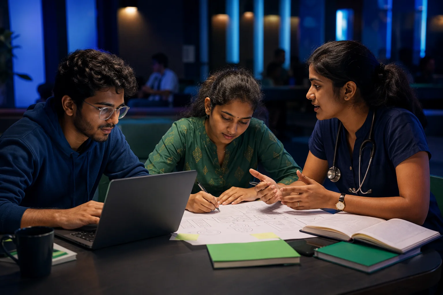 A mixed team of three Indian students — engineering, design and healthcare backgrounds — building together around a shared table.