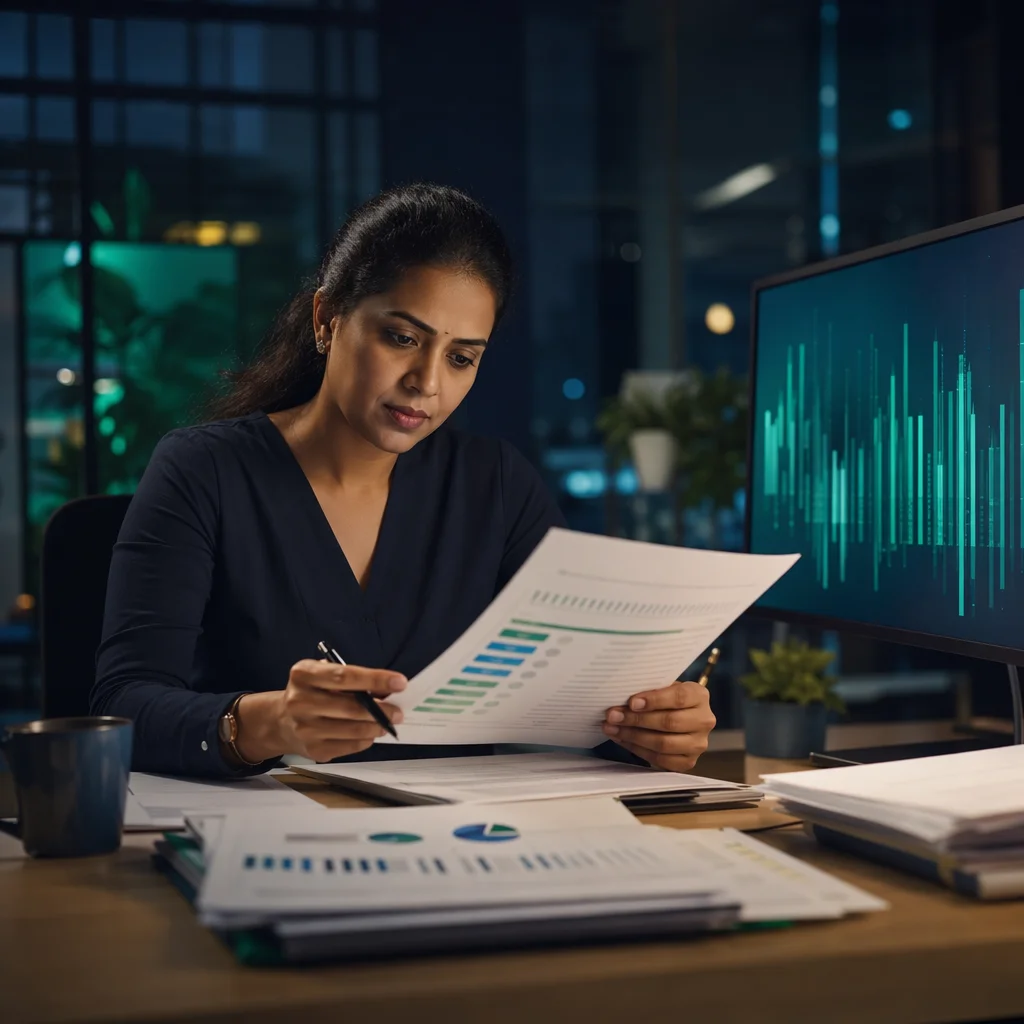 An evaluator reviewing a structured report while soft data visualisations glow on a screen beside her.