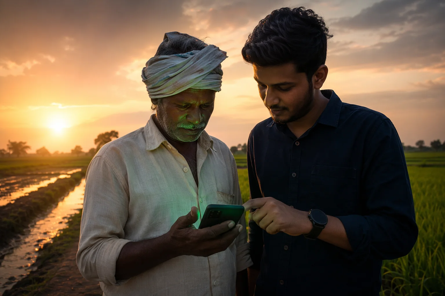 A field worker and a developer testing a phone app together beside an agricultural field at golden hour.