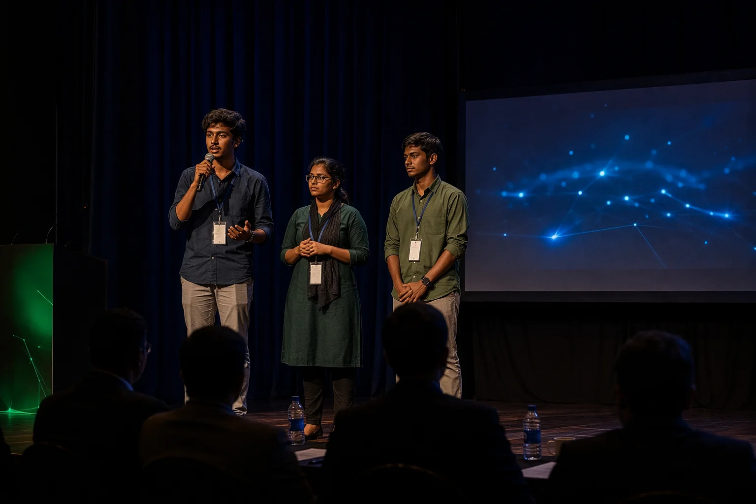 A dim auditorium moment: a team on stage demonstrating a project to attentive jurors in the front row.