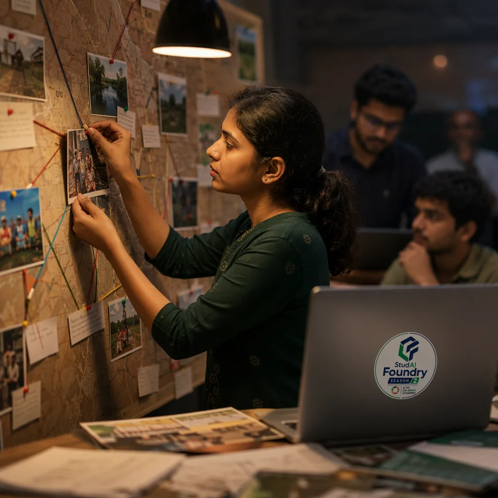 A student pinning field photographs and notes into a problem map on a wall.