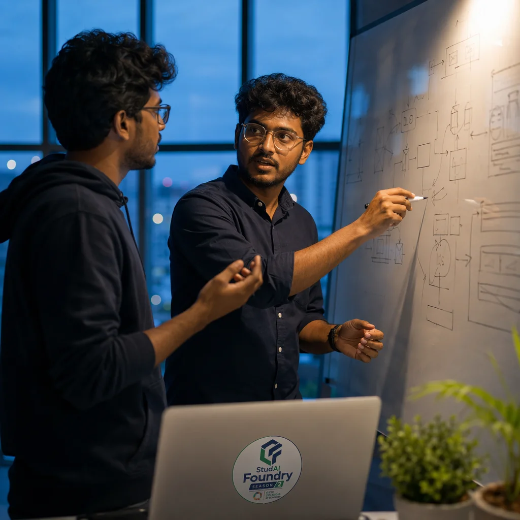 Two builders debating over a whiteboard system sketch, marker in hand.