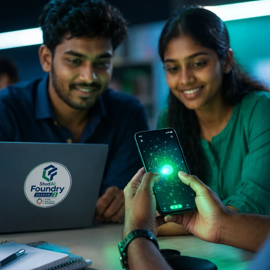 A working prototype held up on a phone, its screen glowing, teammates’ proud reflection behind.