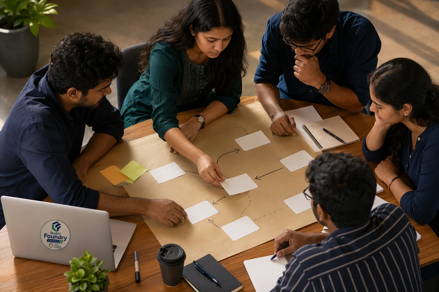 A team mapping a user journey with cards and arrows across a large planning sheet.