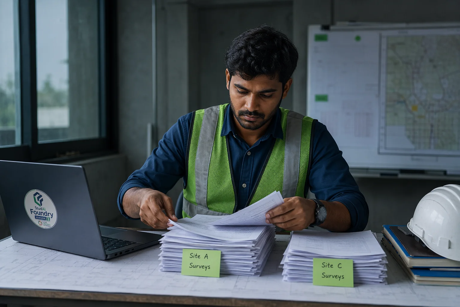 A builder organising field-collected survey sheets beside a laptop with abstract chart shapes.