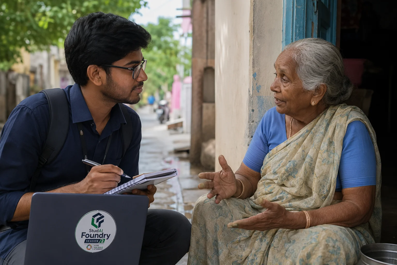 A researcher listening to a community member on a doorstep, notebook open.