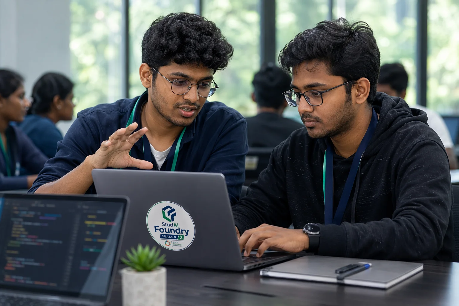 Paired programming: one builder explaining while the other commits work on a laptop.