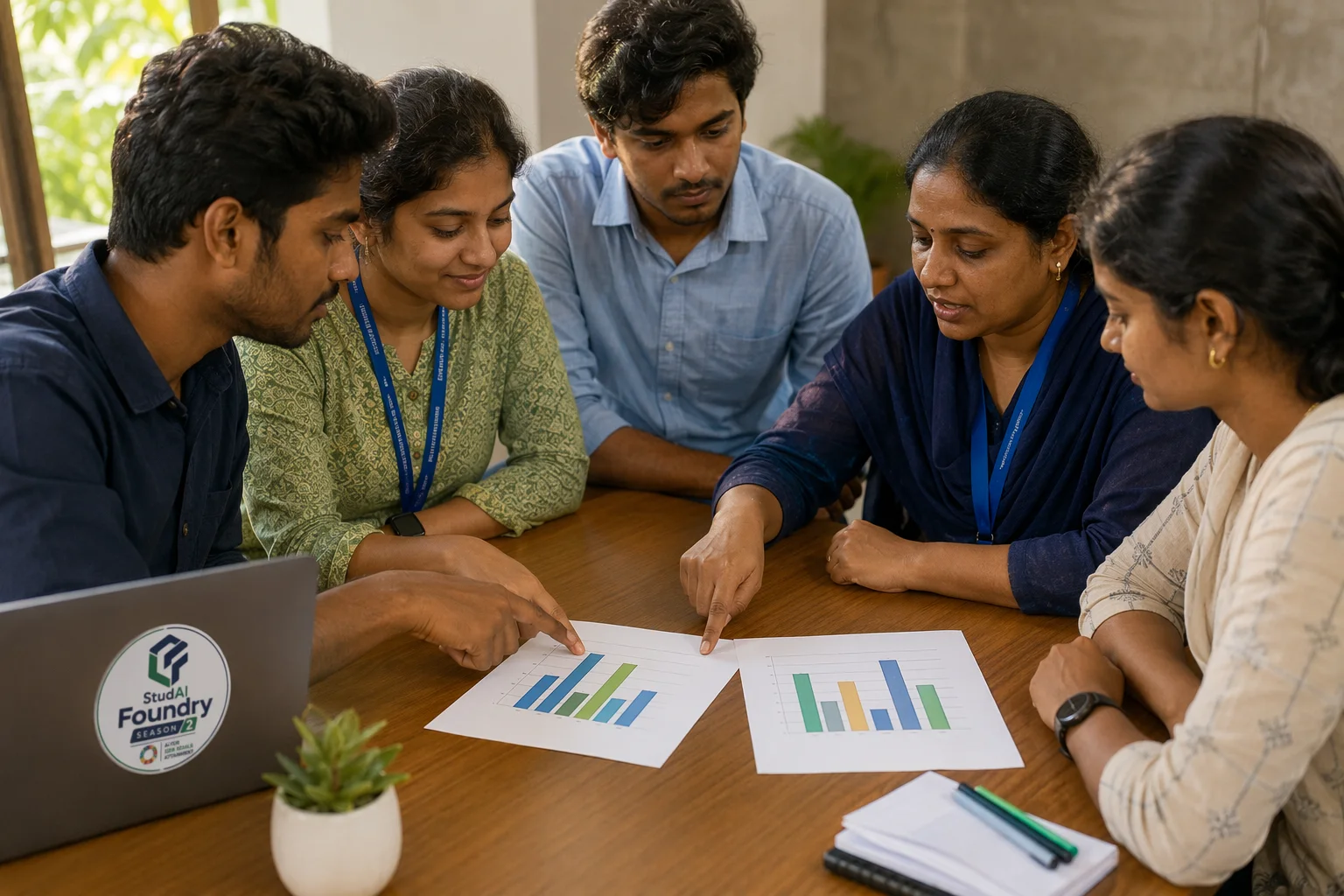 A team reviewing simple before-and-after charts printed on paper with a field partner.