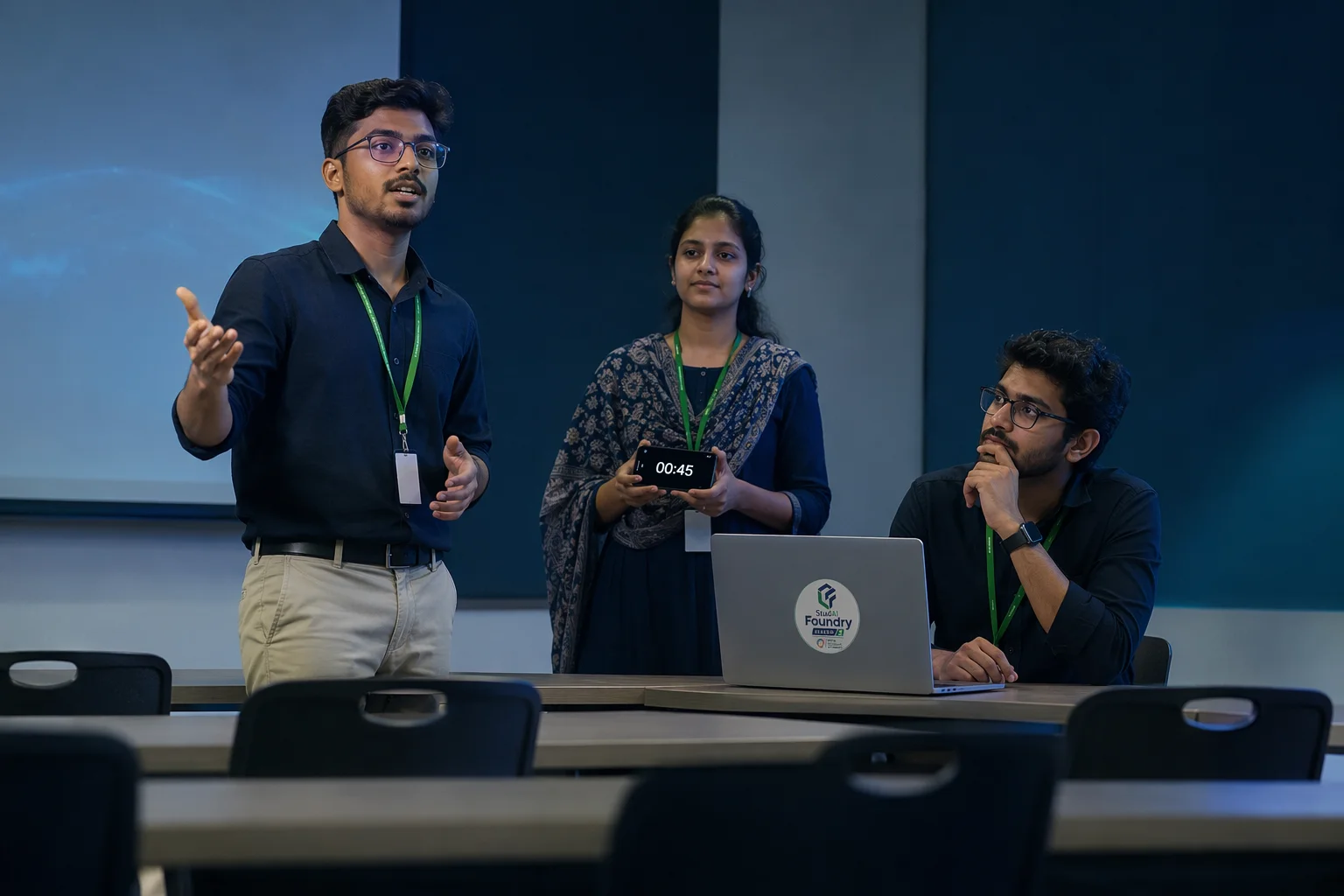 A team rehearsing a timed presentation in an empty classroom, one member keeping time.
