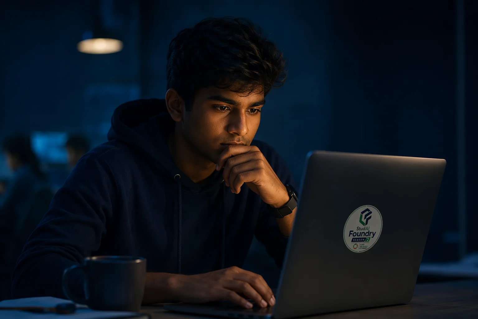 A builder pausing thoughtfully before a screen, hand hovering over the keyboard.