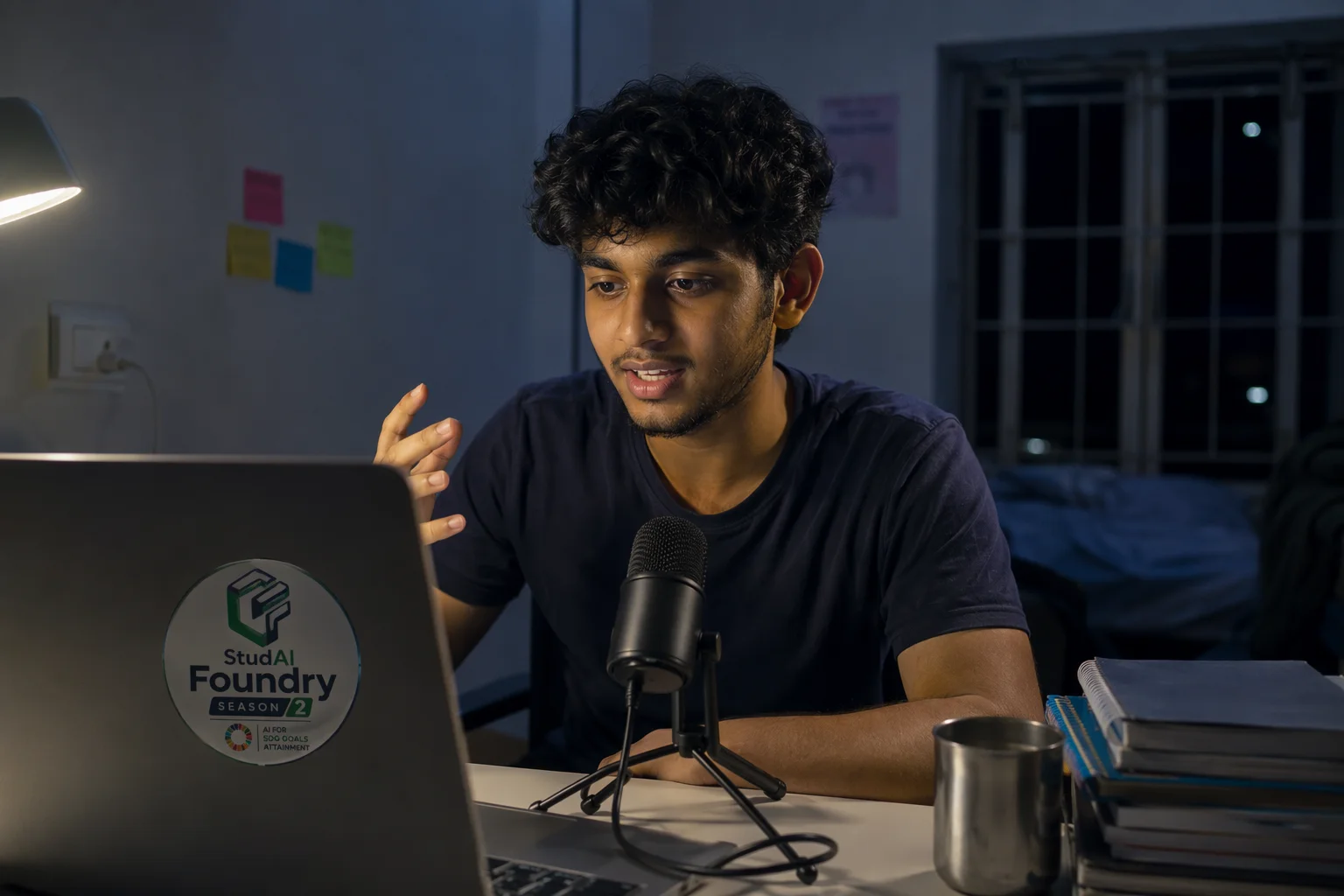 A student recording a screen demo with a small microphone in a quiet room.