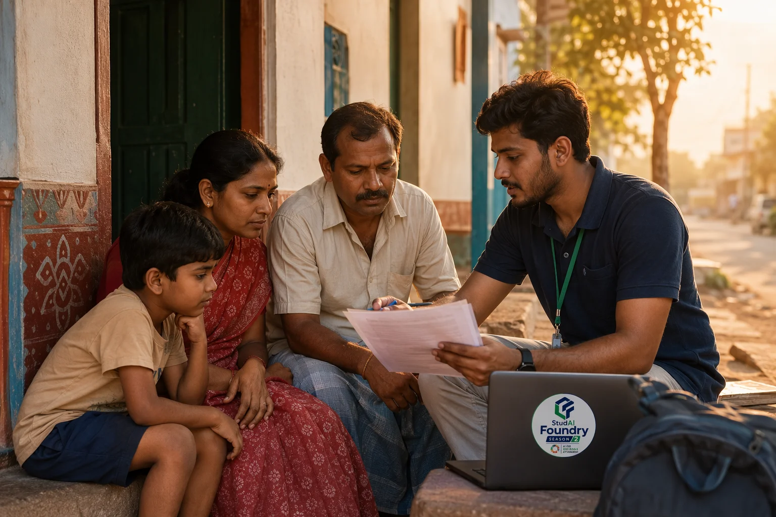 A community volunteer helping a family complete paperwork at their doorstep.