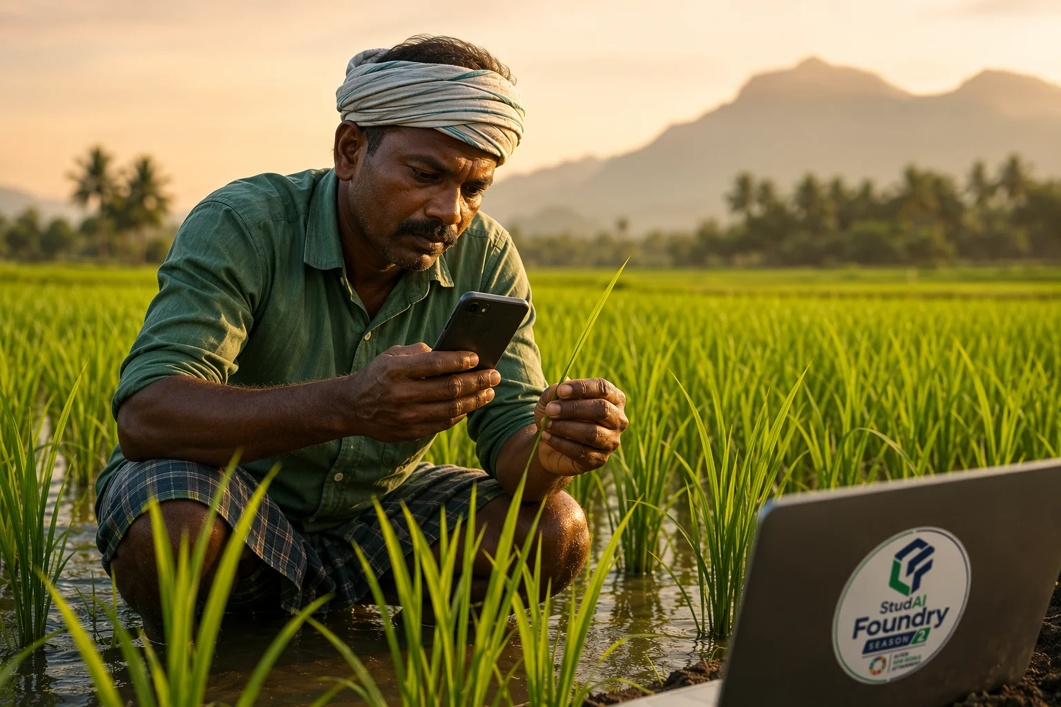 A farmer inspecting young paddy while checking guidance on a phone.