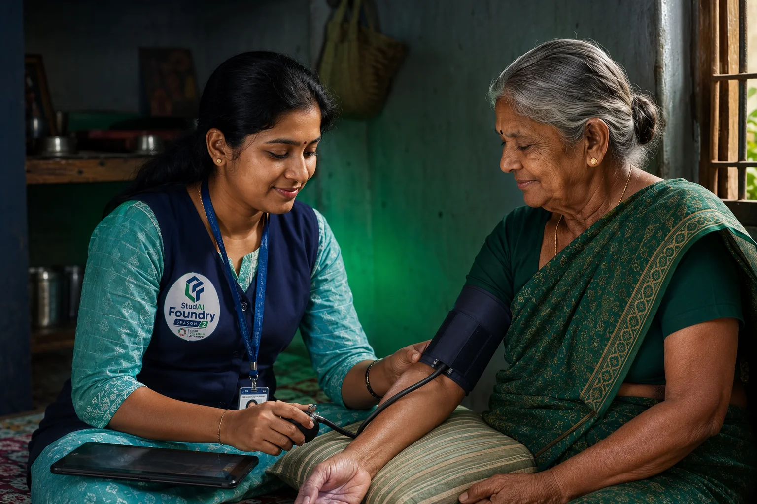 A community health worker recording a home-visit measurement for an elderly patient.