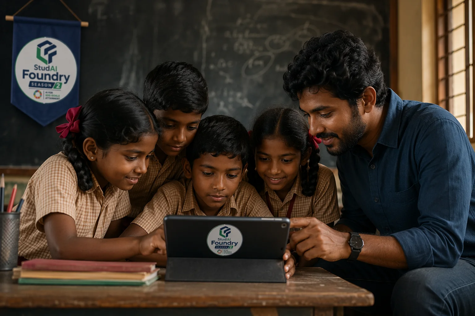 Children gathered around a shared tablet with a teacher guiding, in a modest classroom.