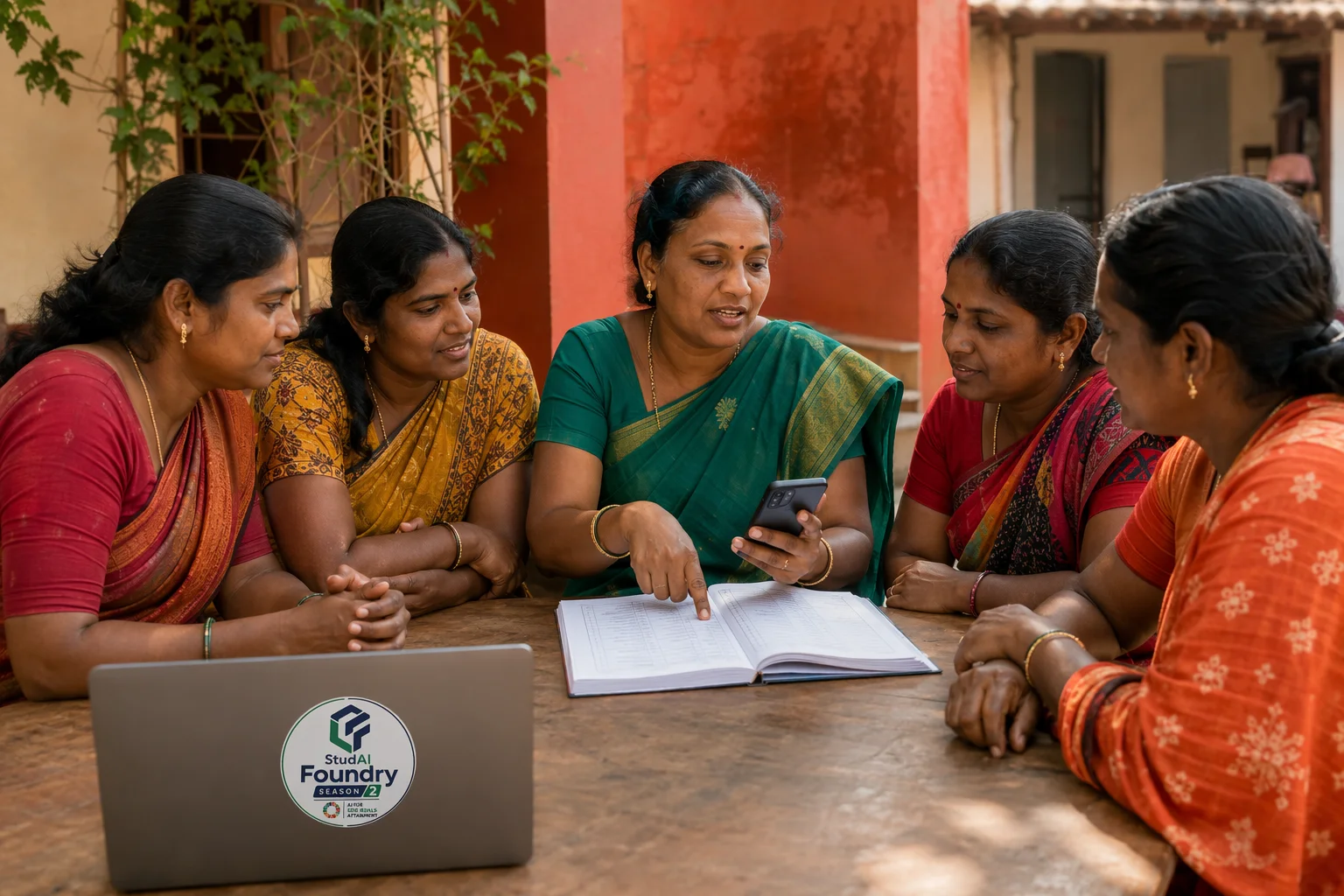 Women of a self-help group running their accounts on a shared phone.