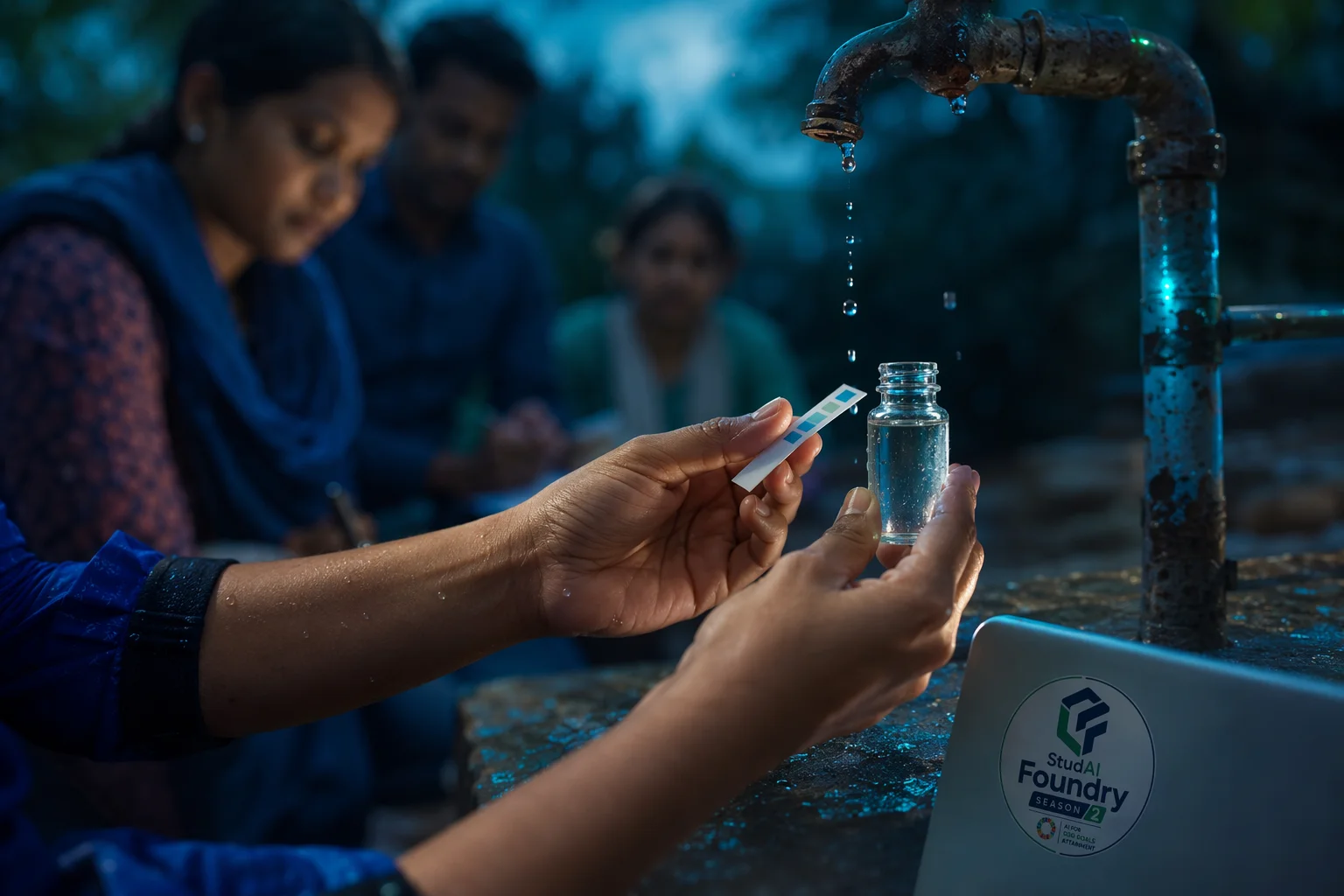 A resident testing water from a community tap with a field kit.