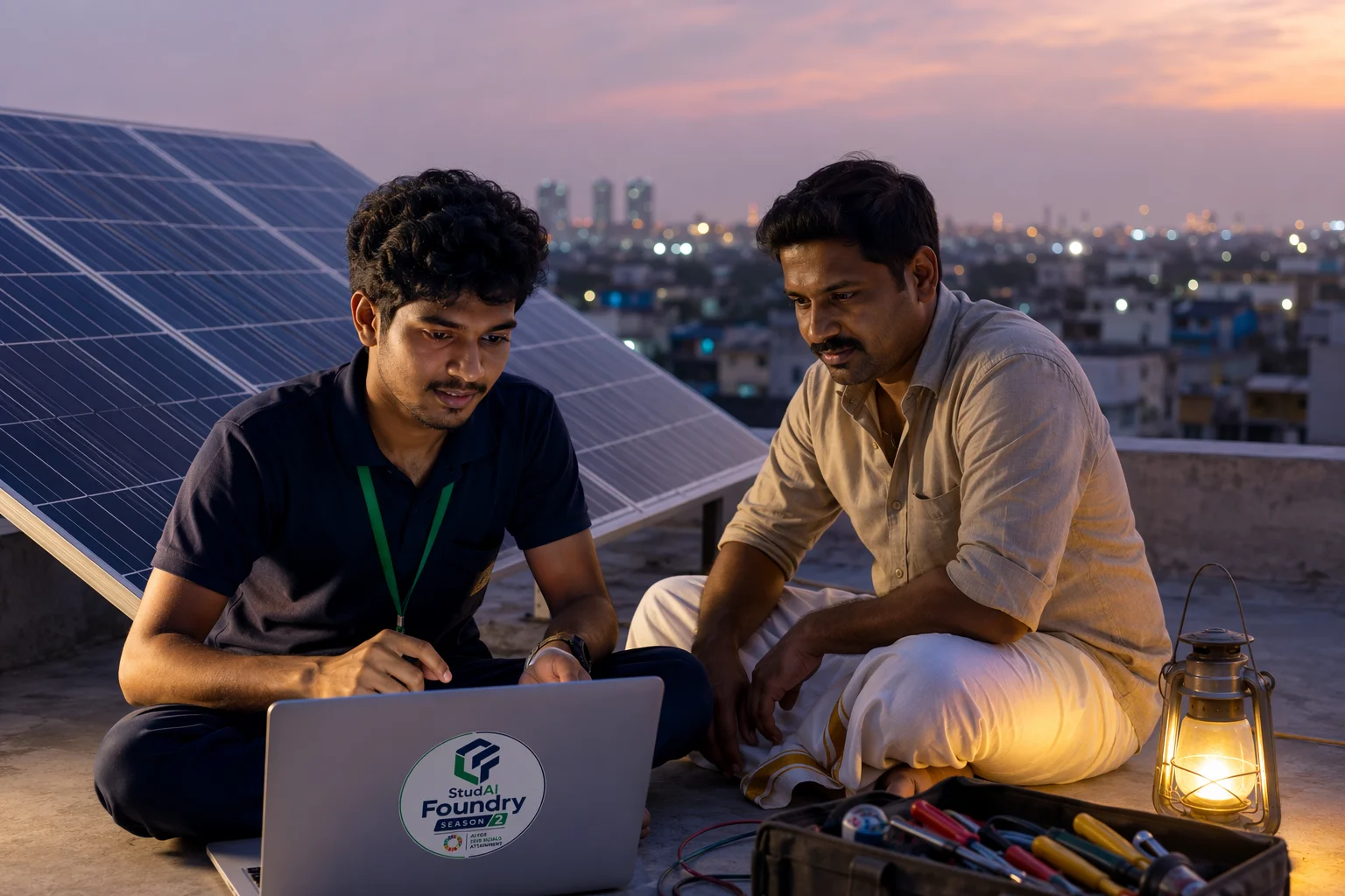 A technician and homeowner reviewing rooftop solar panels at dusk.