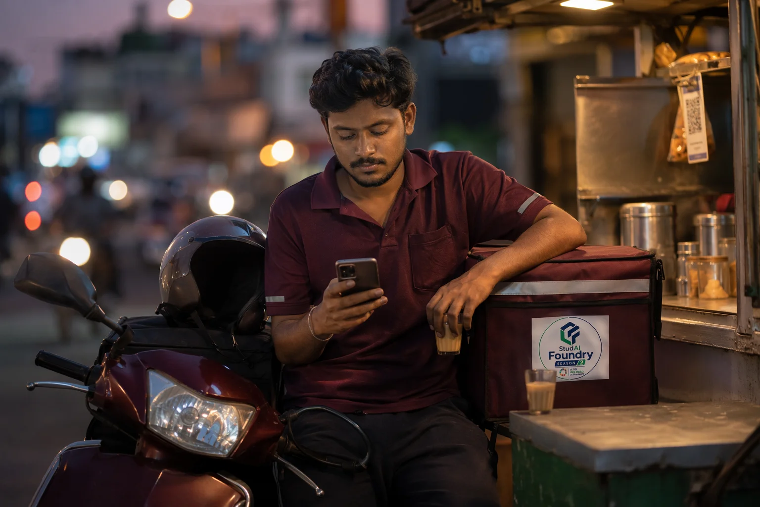A delivery rider checking his earnings summary during a roadside break.