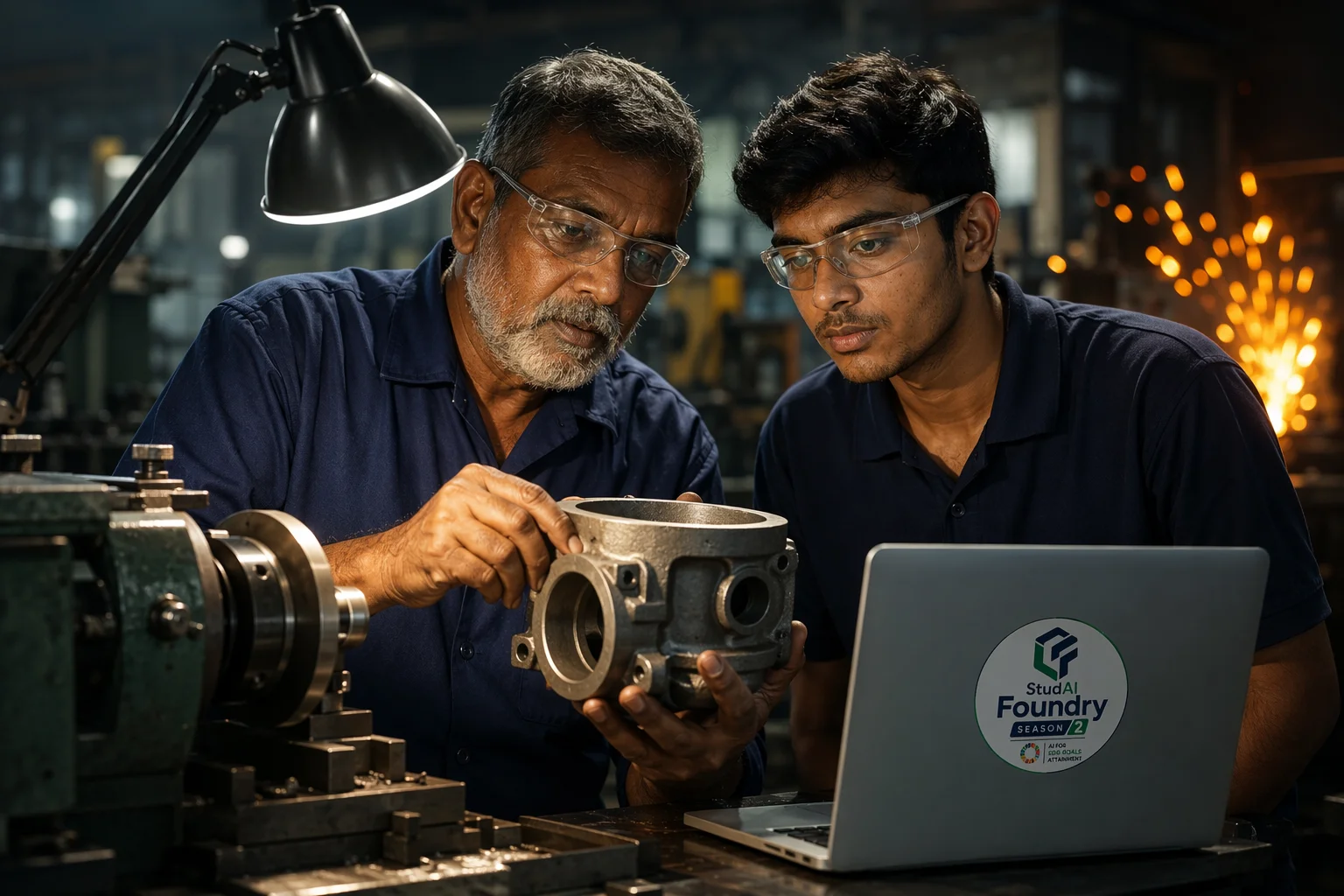 A machinist and an engineering student inspecting a cast part together in a small workshop.