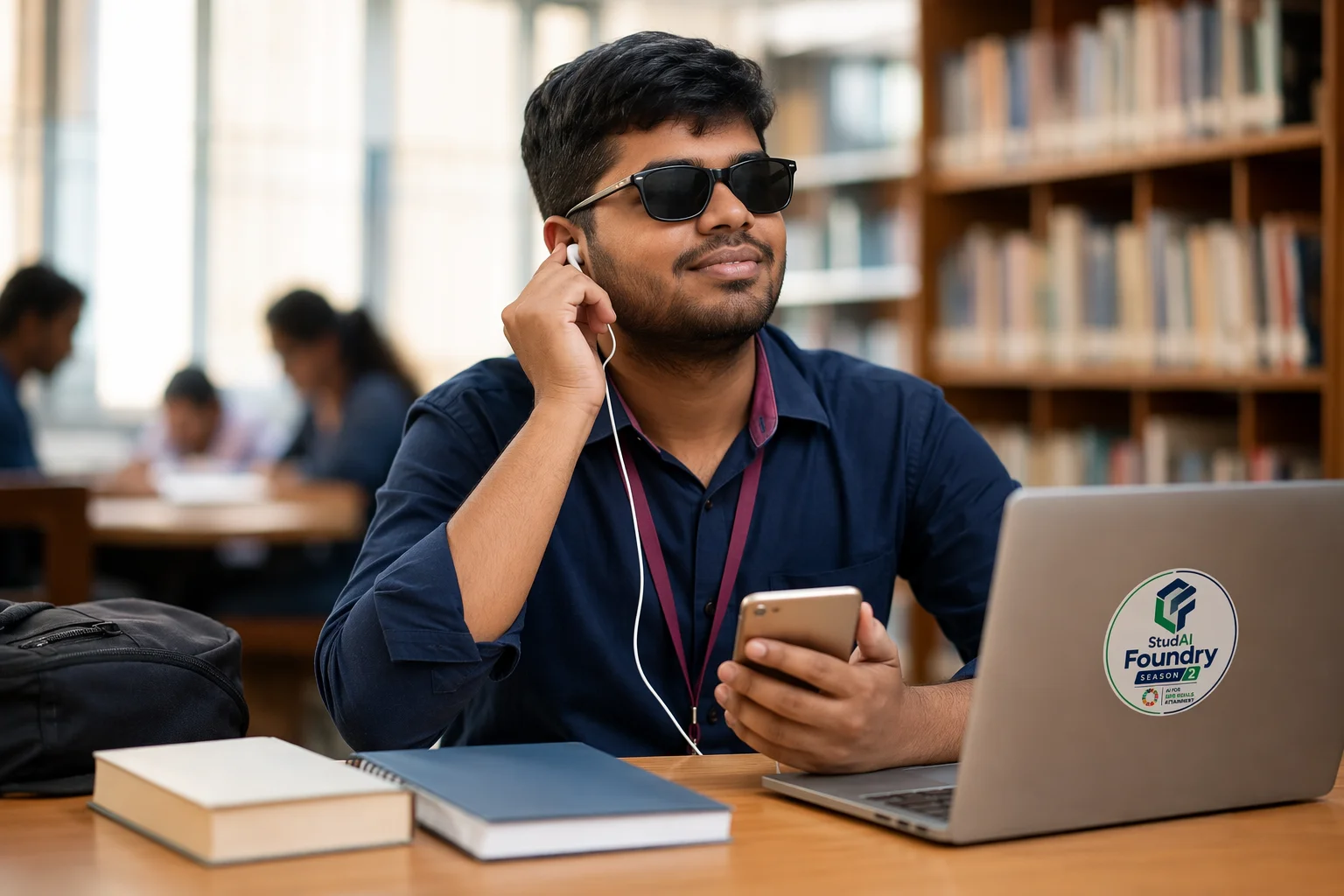 A blind student using a phone with headphones to read a document independently.