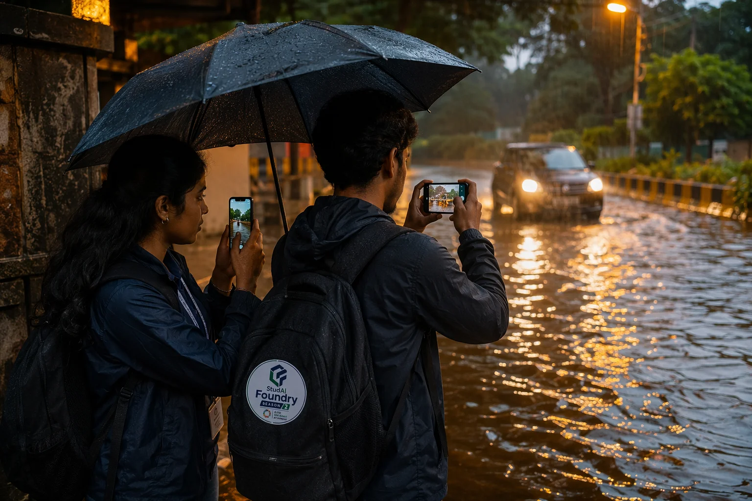 Residents photographing a flooded street corner to report it.