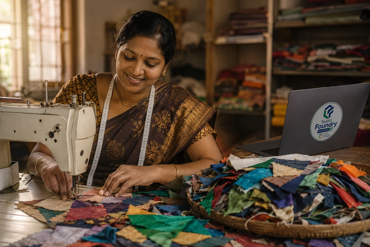 A tailor upcycling fabric offcuts into new pieces at her machine.