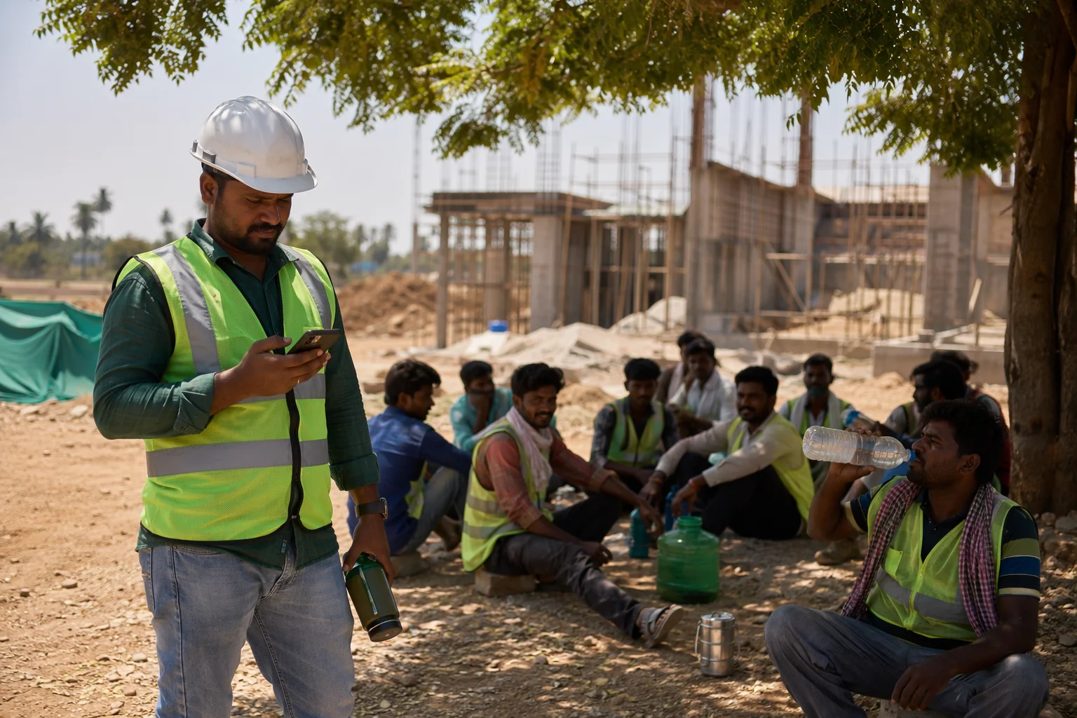 A worksite supervisor checking a heat-alert on his phone while his crew rests in shade.