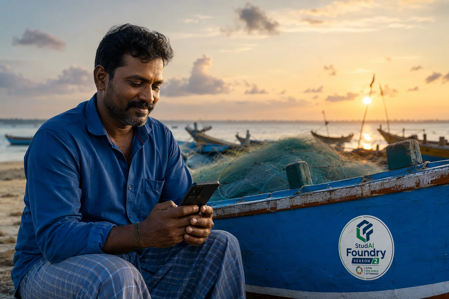 A fisher checking sea conditions on his phone beside his moored boat at first light.