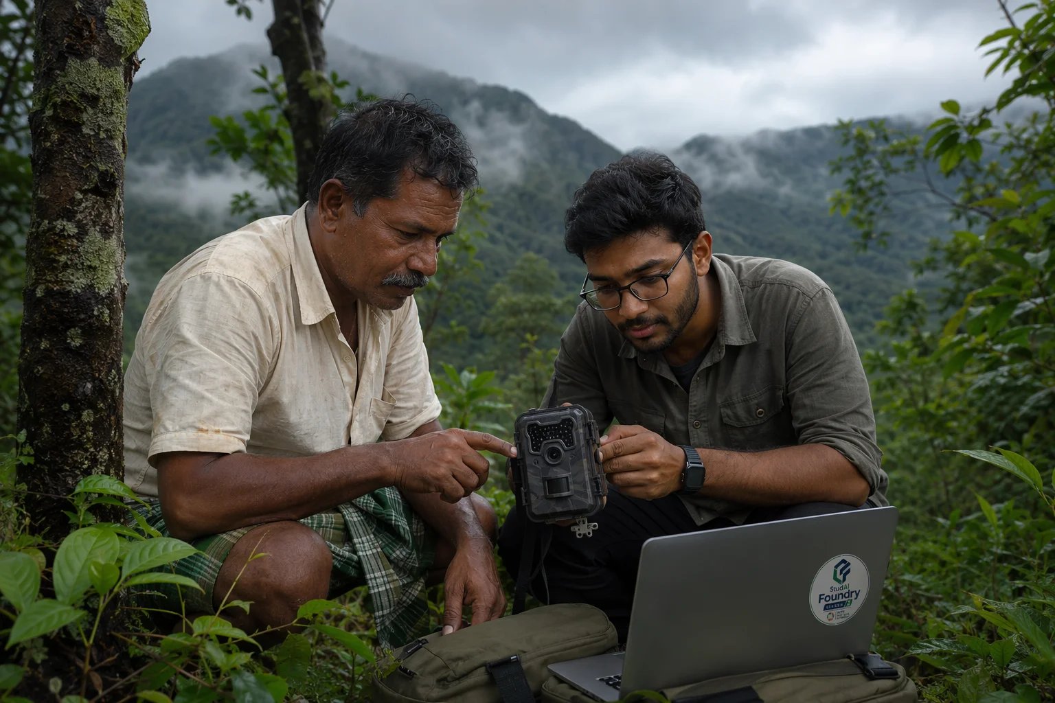 A forest-fringe villager and a researcher reviewing a camera-trap image near the treeline.