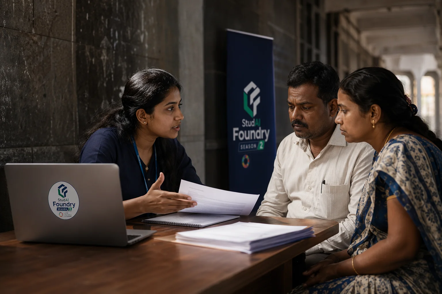 A legal-aid volunteer explaining a notice to a worried family across a desk.