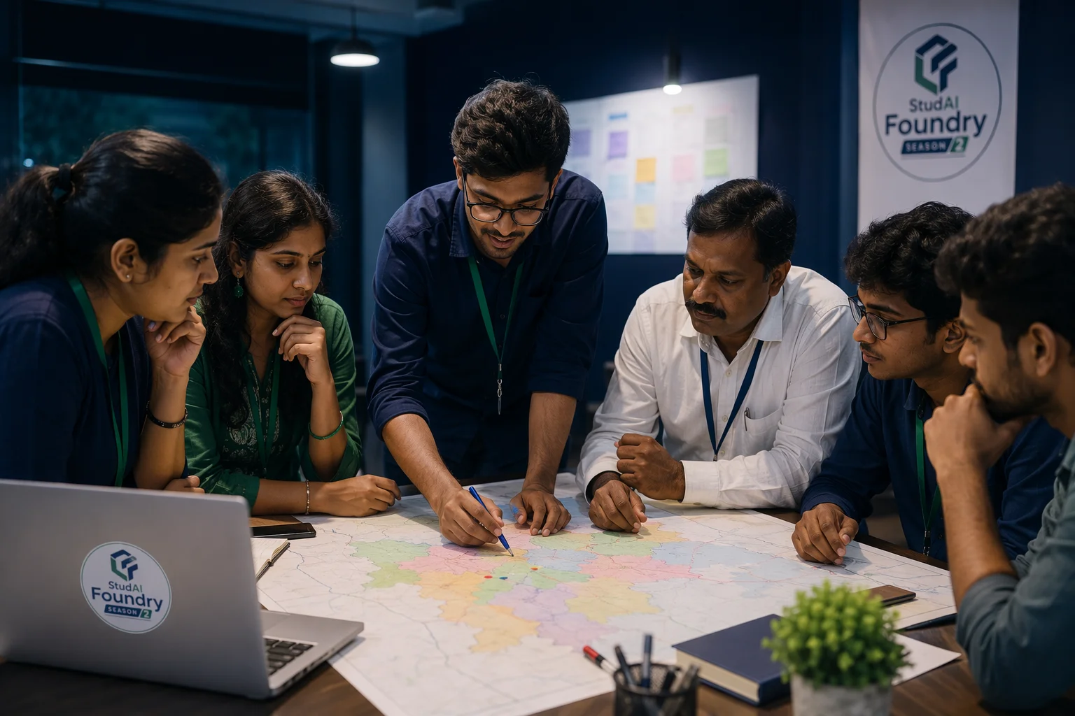 NGO workers, students and an official planning together around a district map table.